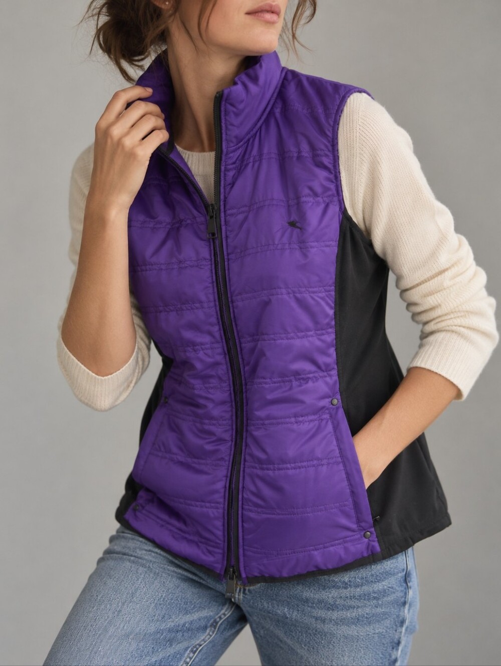Lauren Ralph Lauren Black Purple Quilted Zip Vest Womens Size Medium